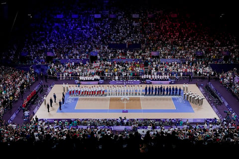 2024 Paris Olympics Men's volleyball: Silver medalists Poland, left, Bronze medalists the United States, right, and gold medalists France during the medal ceremony 